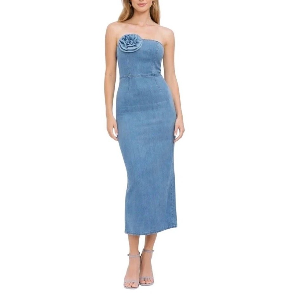 Torn by Ronny Kobo Renee Midi Dress Denim Rosette Strapless Coastal Cowgirl EUC